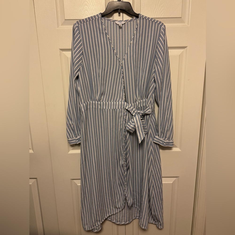 Time and Tru Blue & White Stripe Long Sleeve Wrap Tie-Front Dress Women’s XXL/20